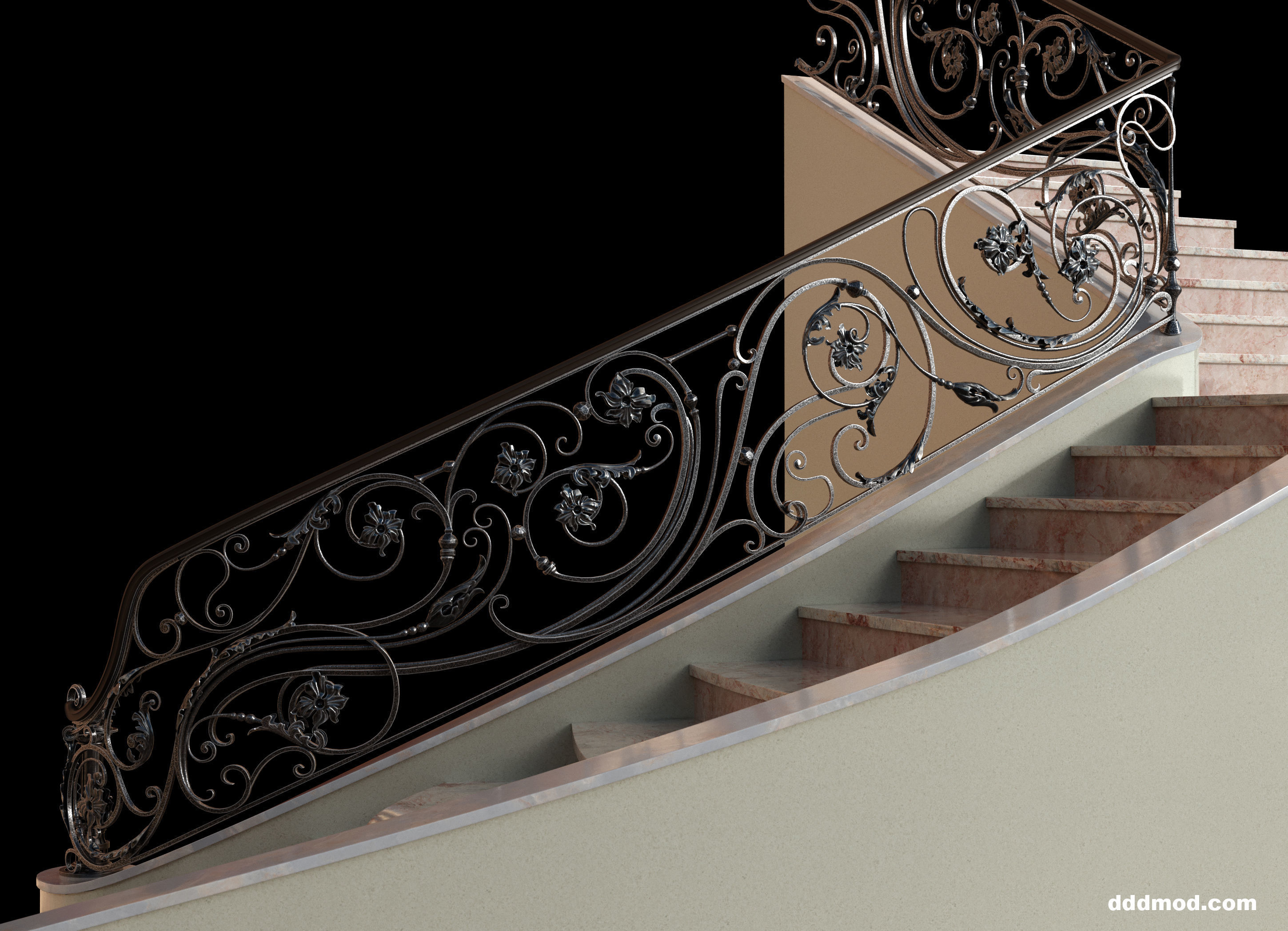 stair railing forging floral turn 3D model_4