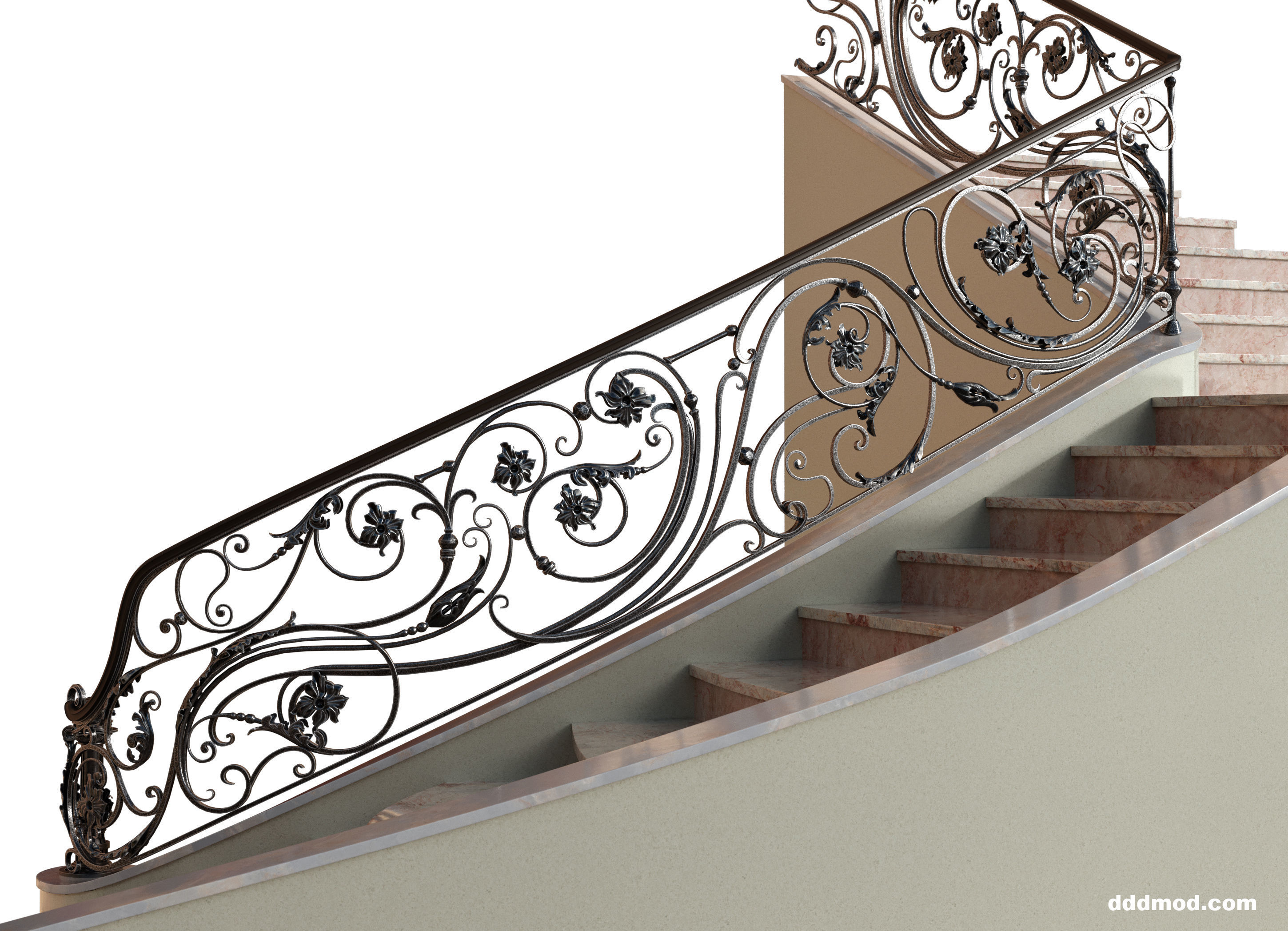 stair railing forging floral turn 3D model_5