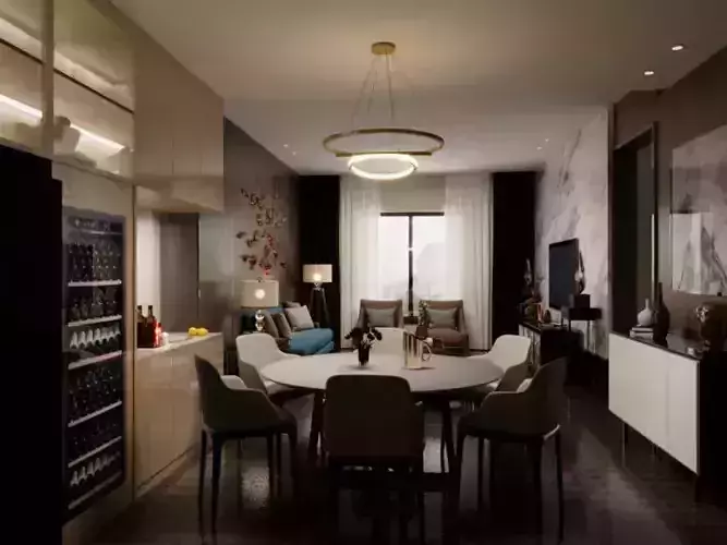 modern living room and kitchen interior design with furniture