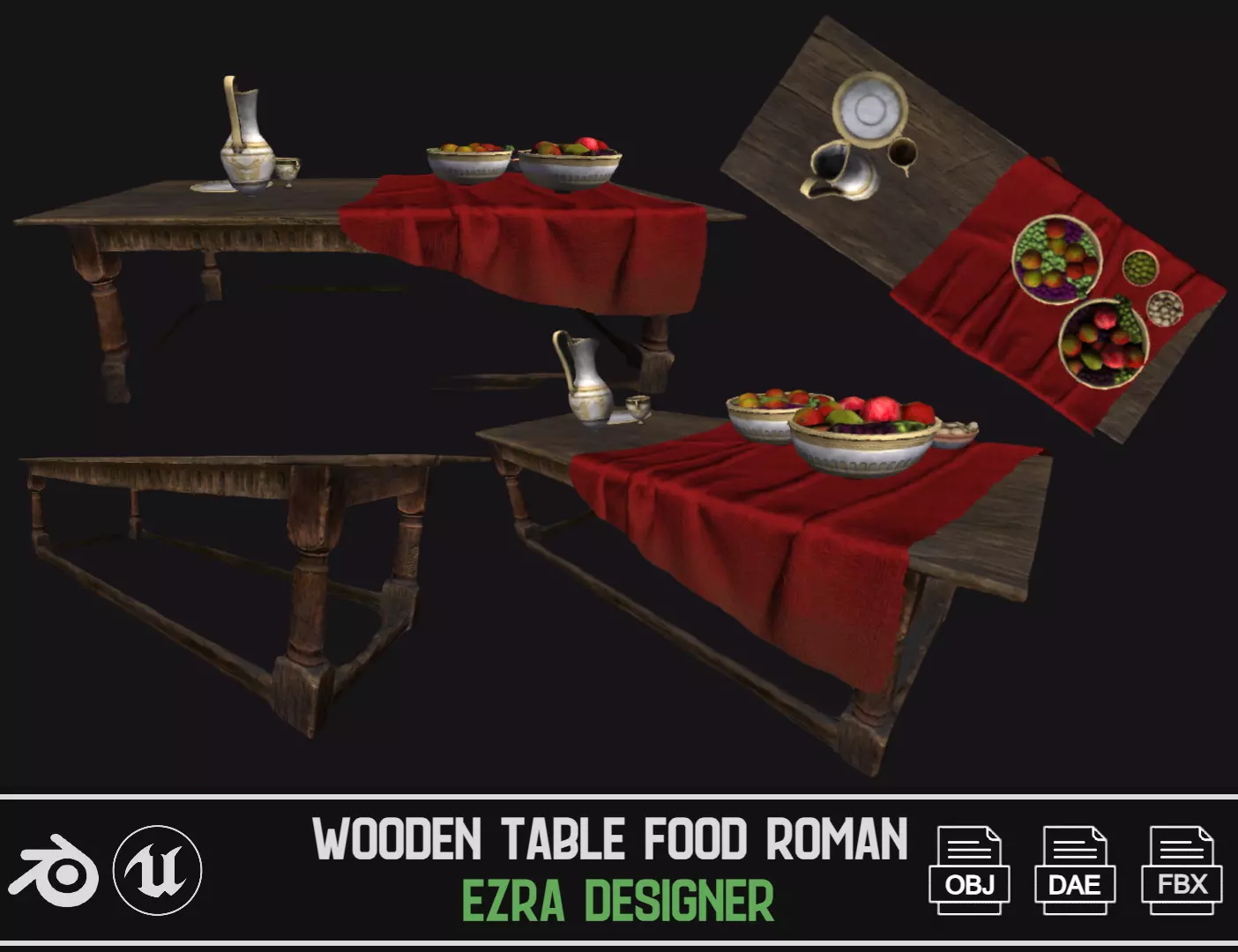 Wooden Table Food Roman Low-poly 3D model_0