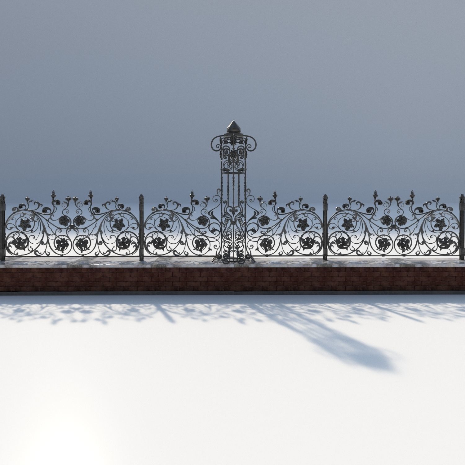 wrought iron fence floral style 3D model_1