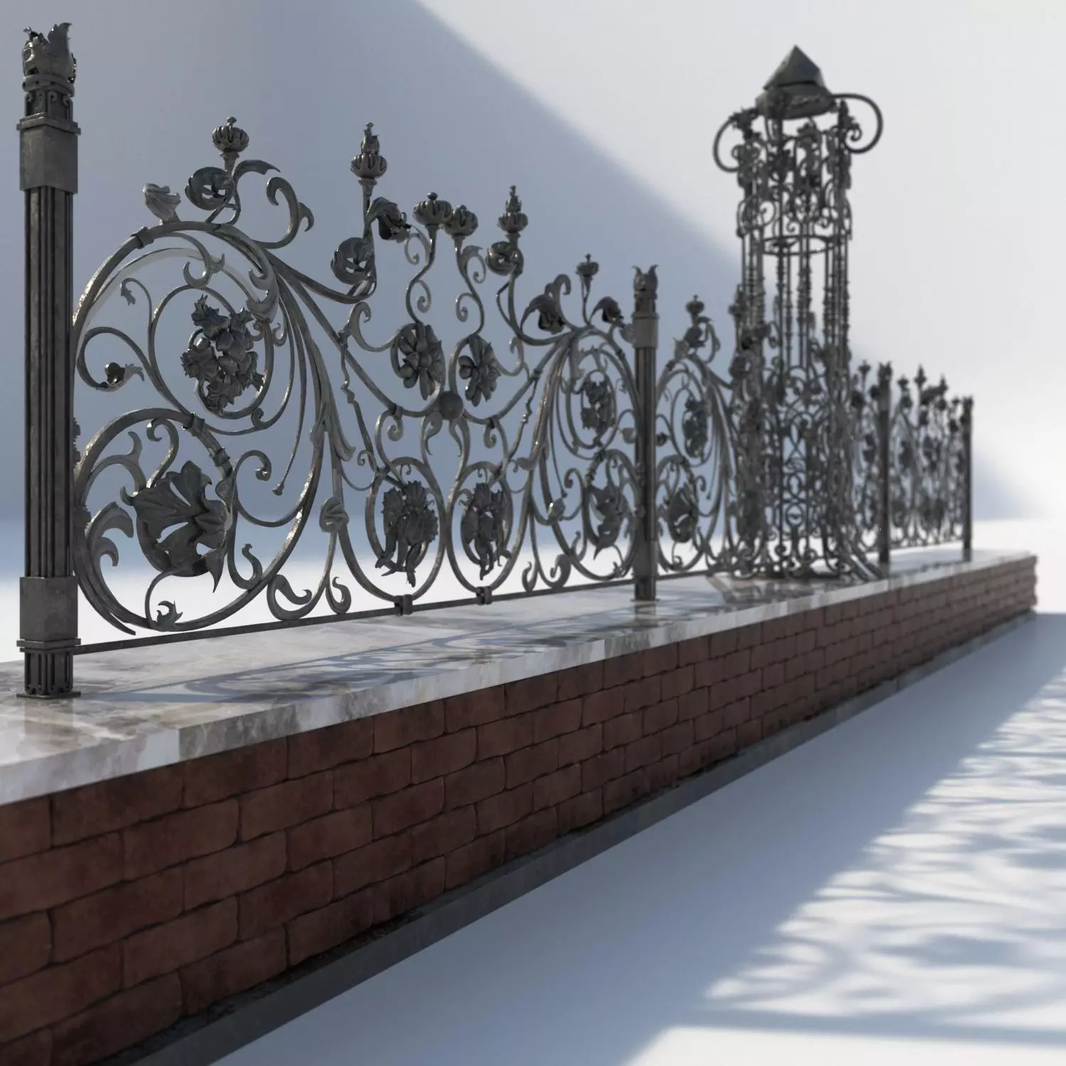 wrought iron fence floral style 3D model_0