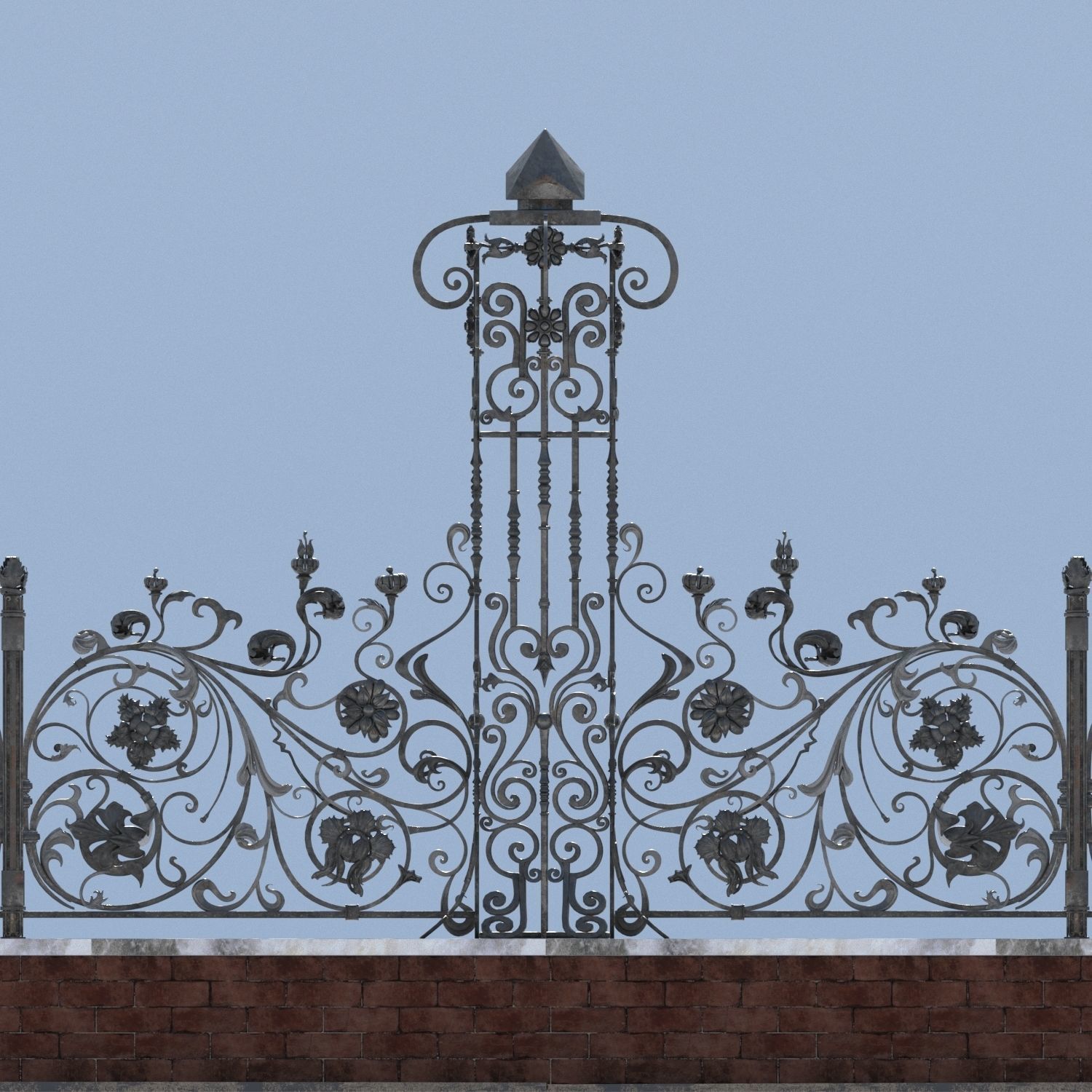 wrought iron fence floral style 3D model_2