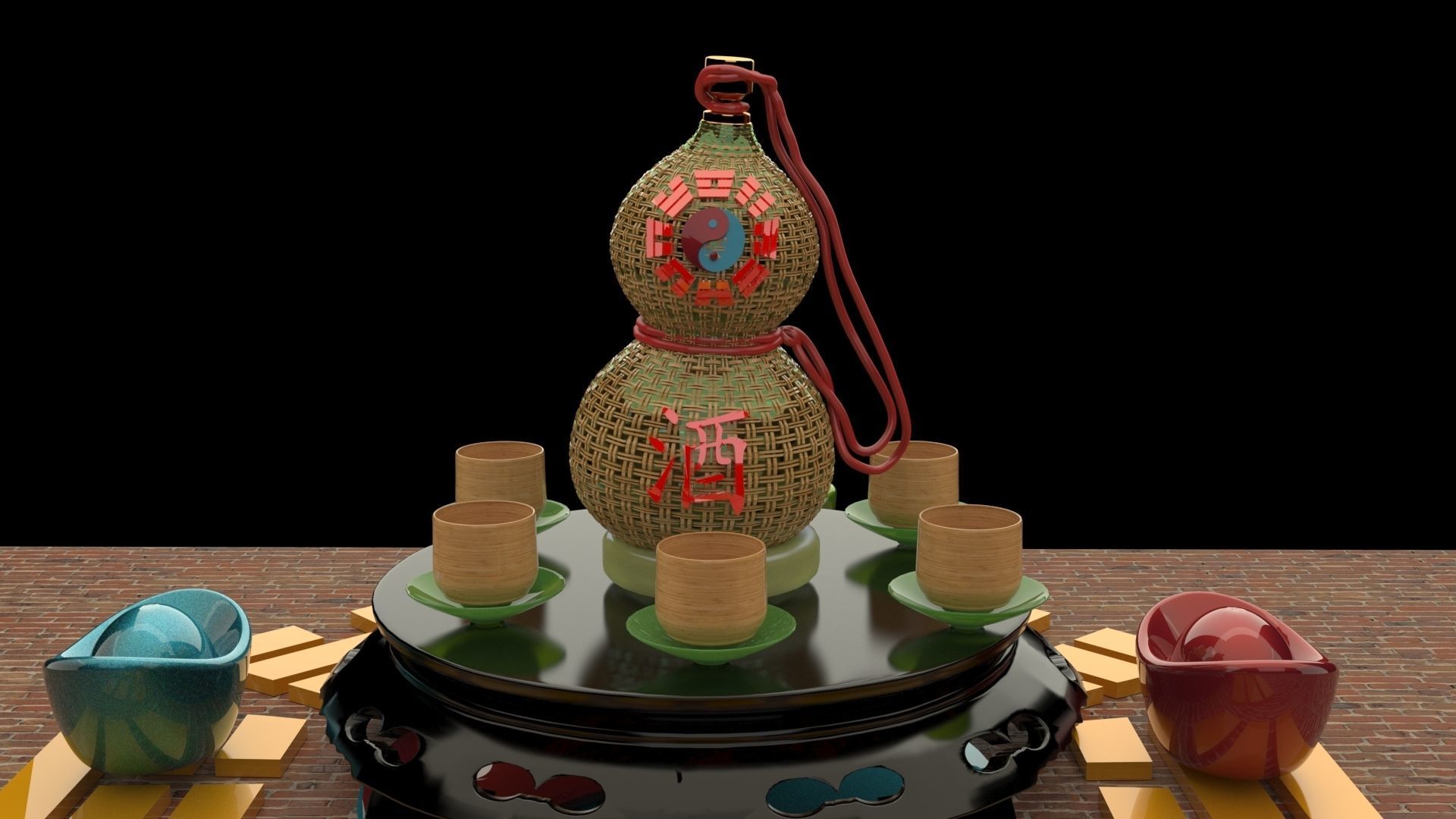 Chinese gourd wine bottle 3D model_3