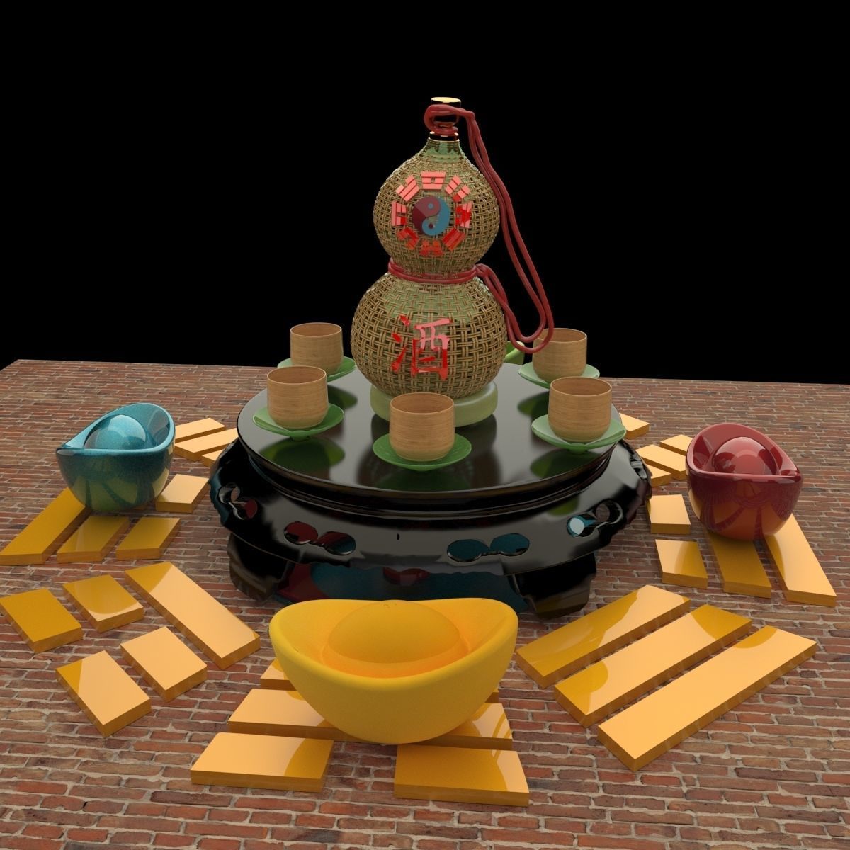 Chinese gourd wine bottle 3D model_5
