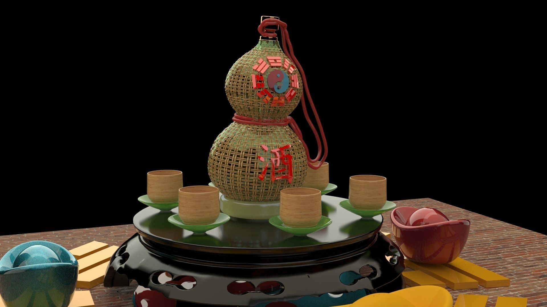 Chinese gourd wine bottle 3D model_2