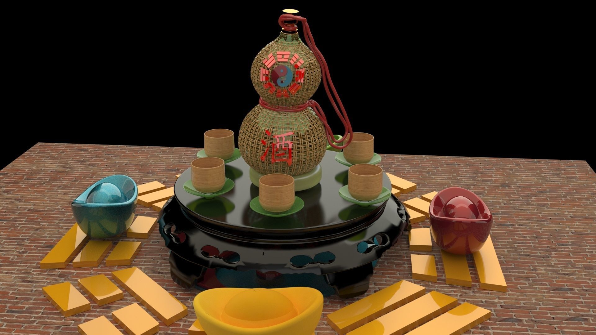 Chinese gourd wine bottle 3D model_4