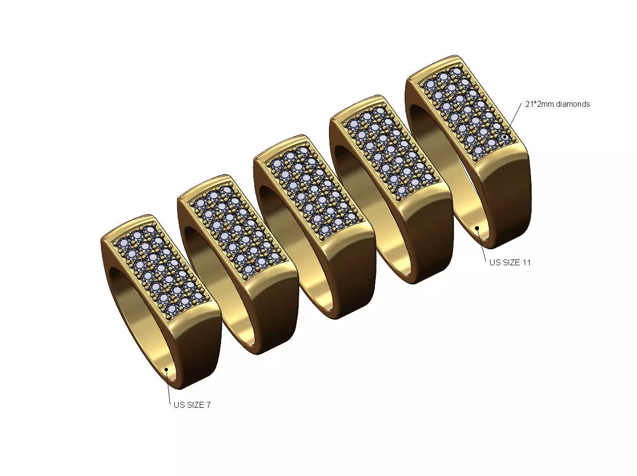 Diamond iced rectangular domed signet ring US sizes 7to11 3D print model_0