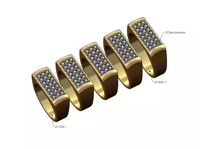 Diamond iced rectangular domed signet ring US sizes 7to11