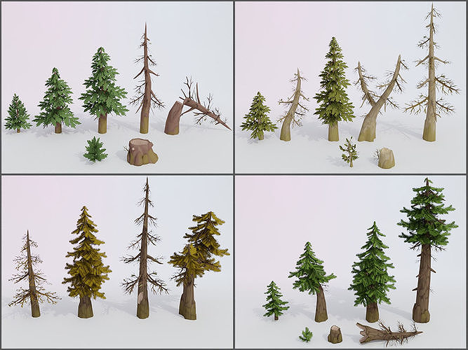 Low poly hand-painted spruces set Low-poly 3D model