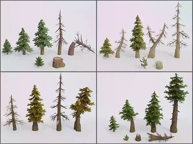 Low poly hand-painted spruces set Low-poly 3D model