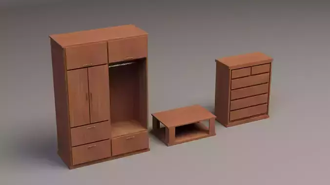 Laminated wood wardrobes and coffee table 3D model