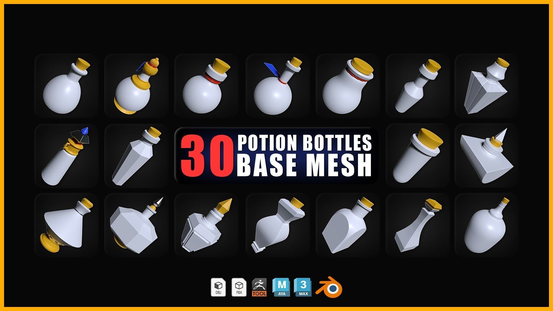 30 Potion Bottles Base Mesh Low-poly 3D model_1