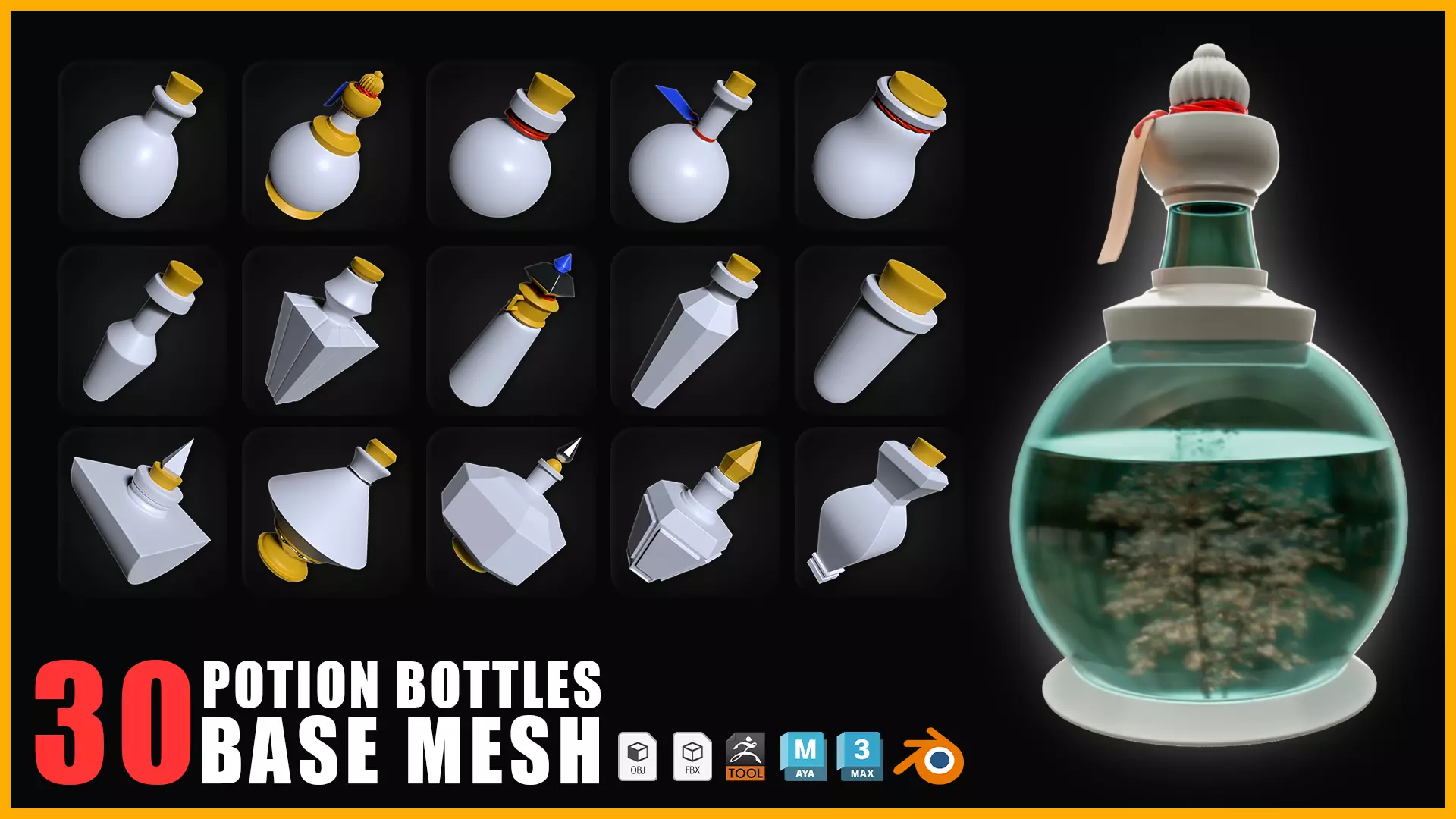 30 Potion Bottles Base Mesh Low-poly 3D model_0