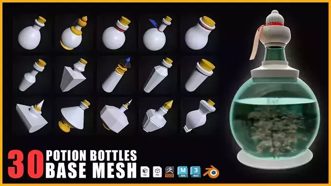 30 Potion Bottles Base Mesh