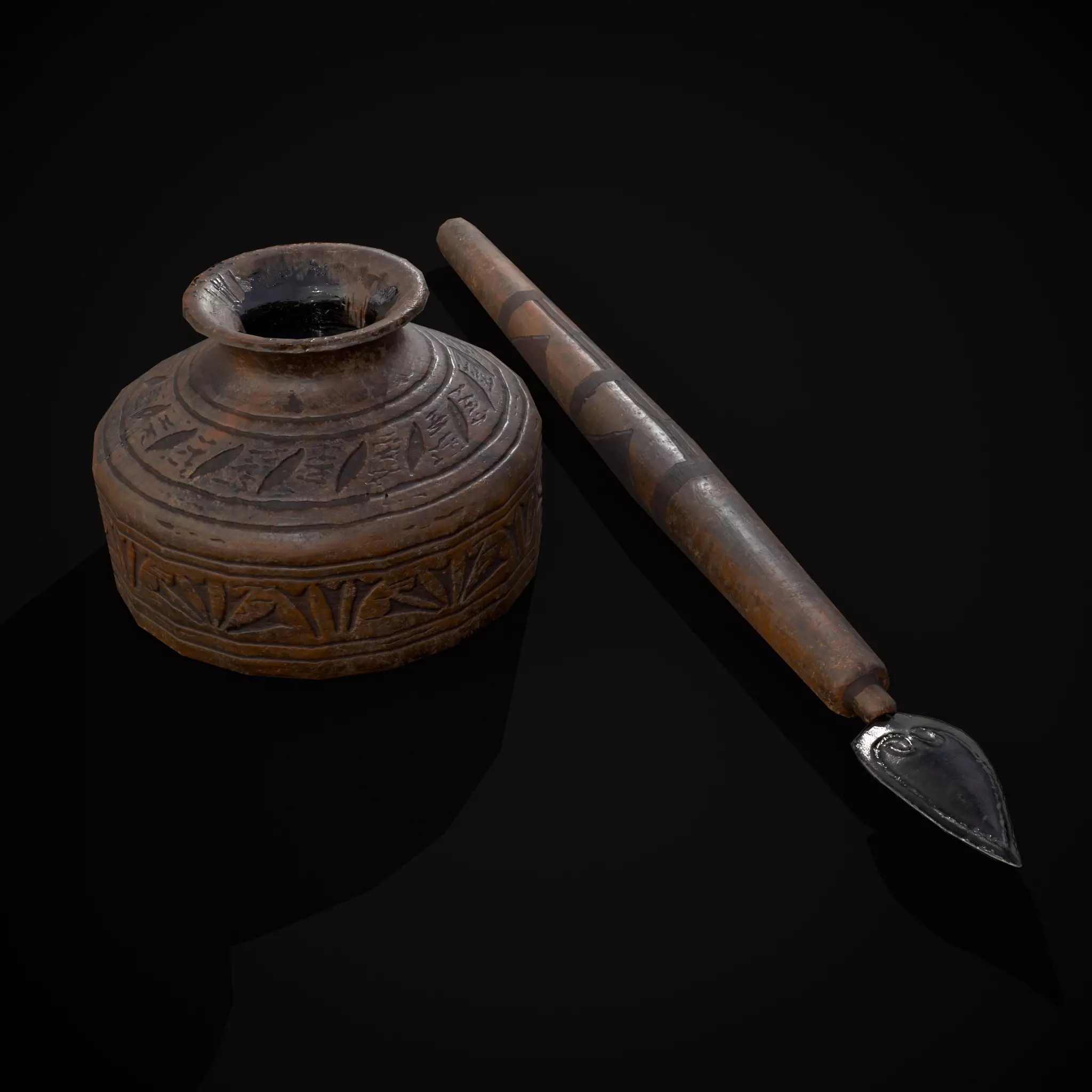 Elegant Wooden Inkpot Pen Low-poly 3D model_0
