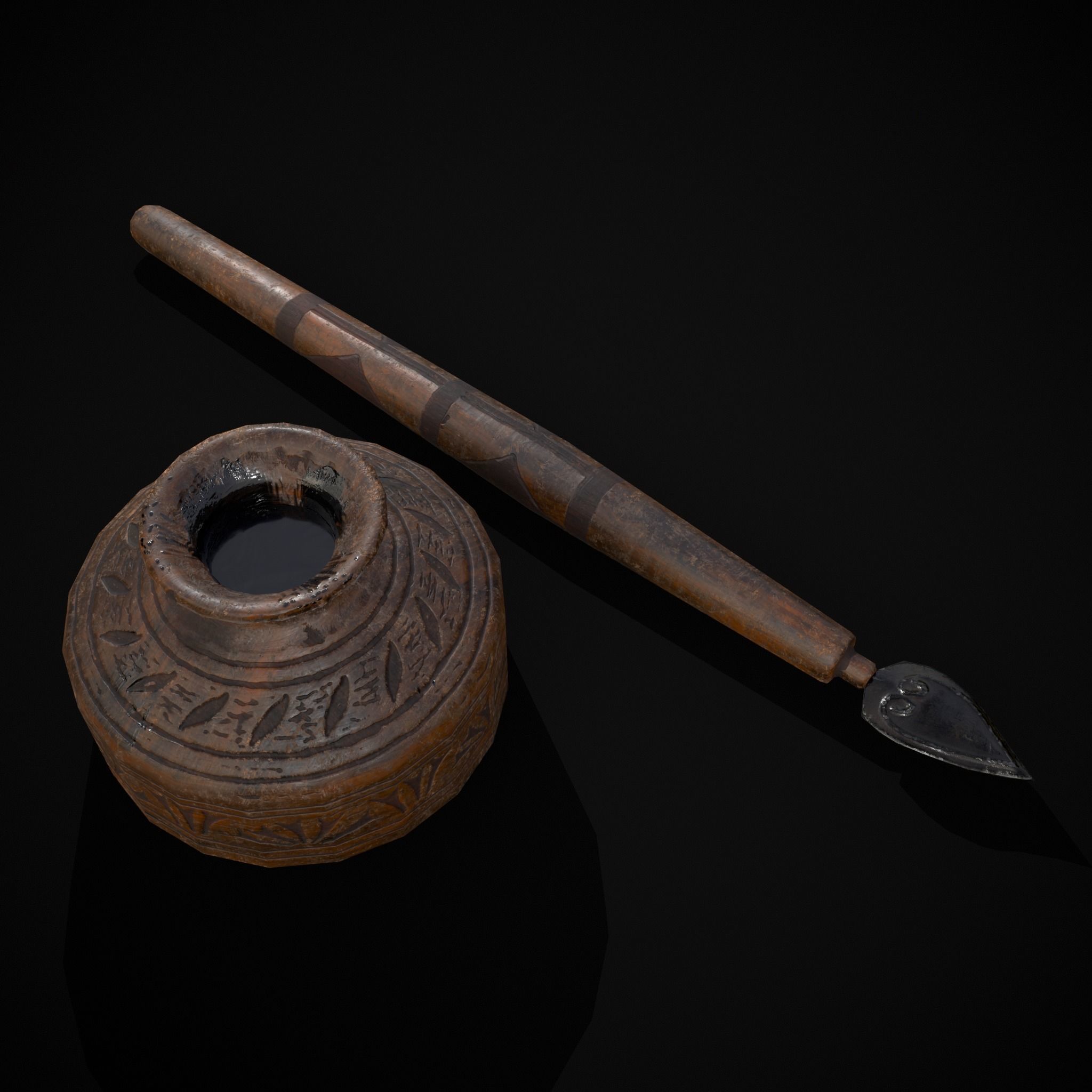 Elegant Wooden Inkpot Pen Low-poly 3D model_17