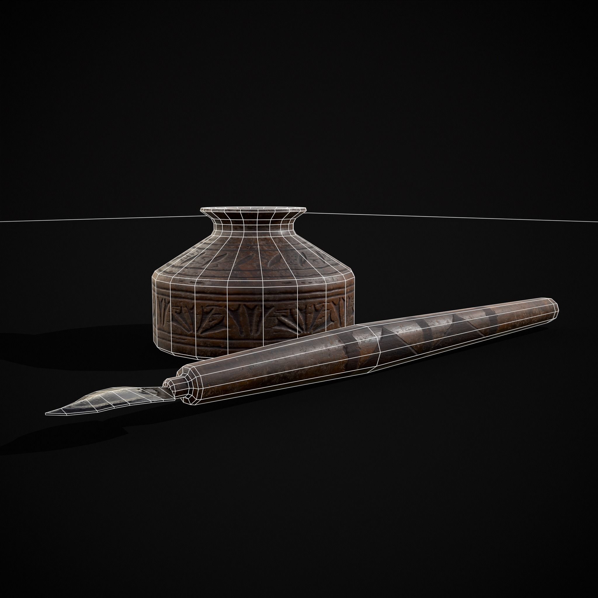 Elegant Wooden Inkpot Pen Low-poly 3D model_4