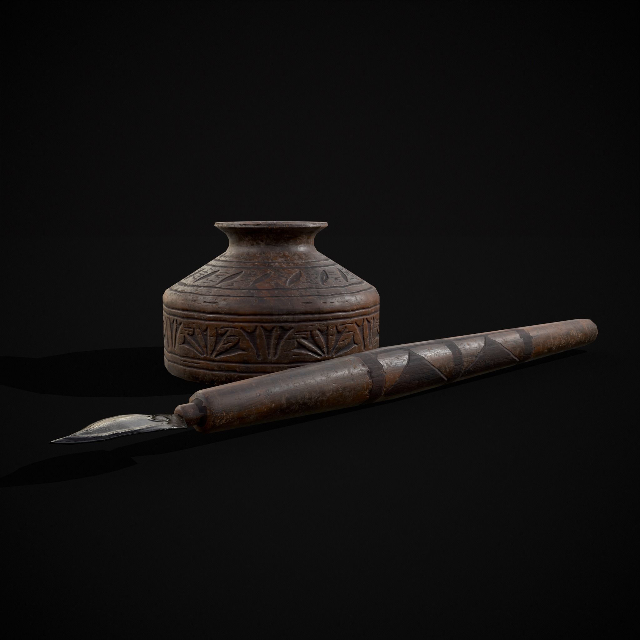Elegant Wooden Inkpot Pen Low-poly 3D model_3