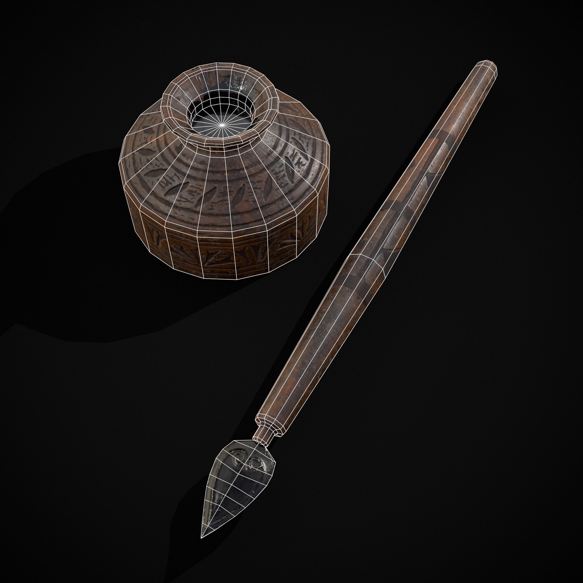 Elegant Wooden Inkpot Pen Low-poly 3D model_22