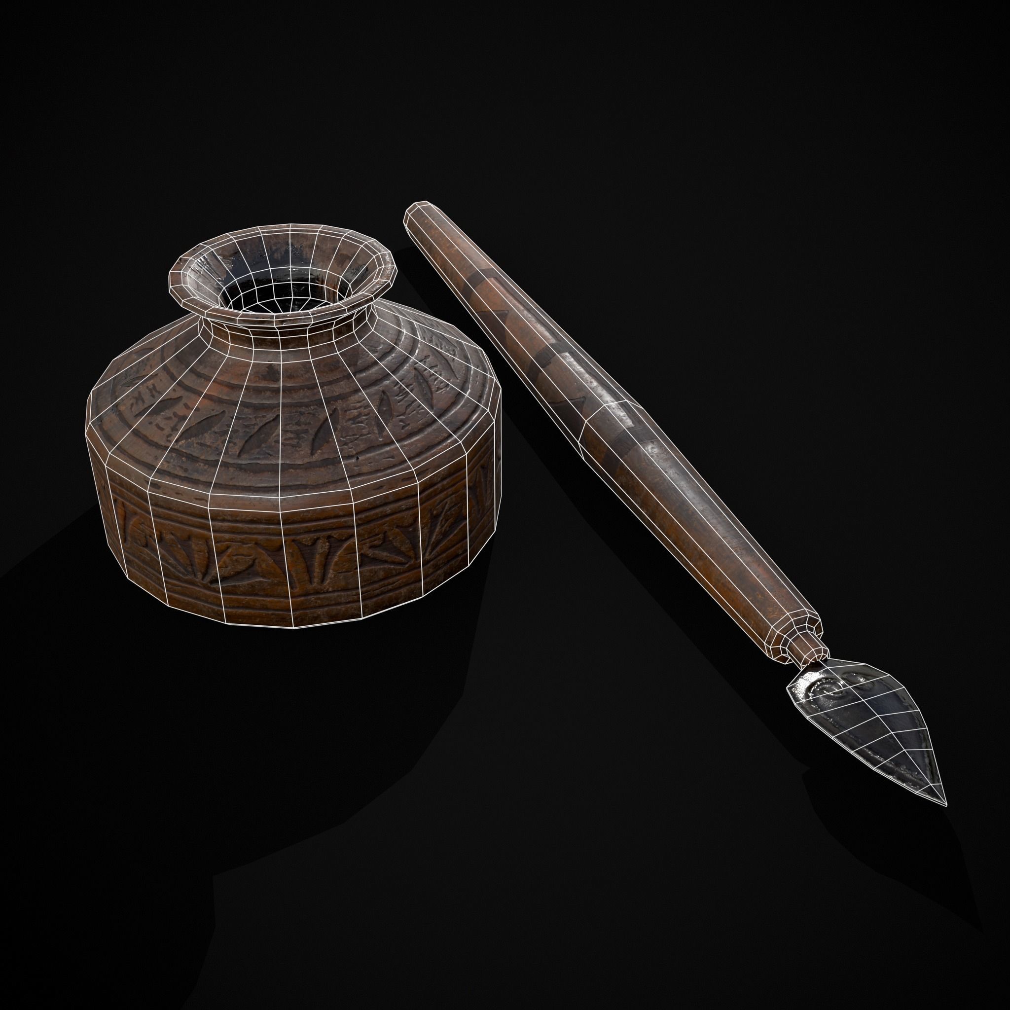 Elegant Wooden Inkpot Pen Low-poly 3D model_2