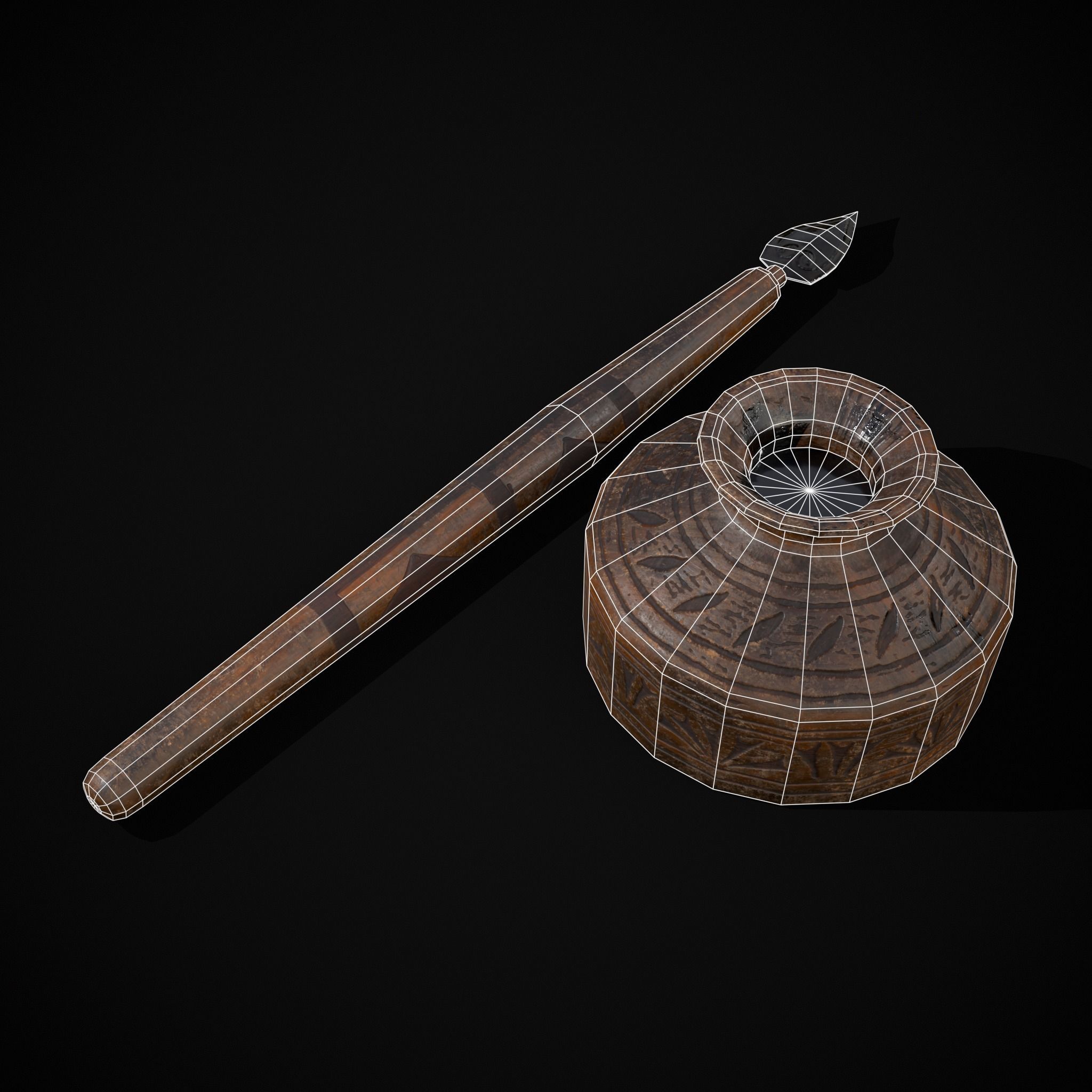 Elegant Wooden Inkpot Pen Low-poly 3D model_6