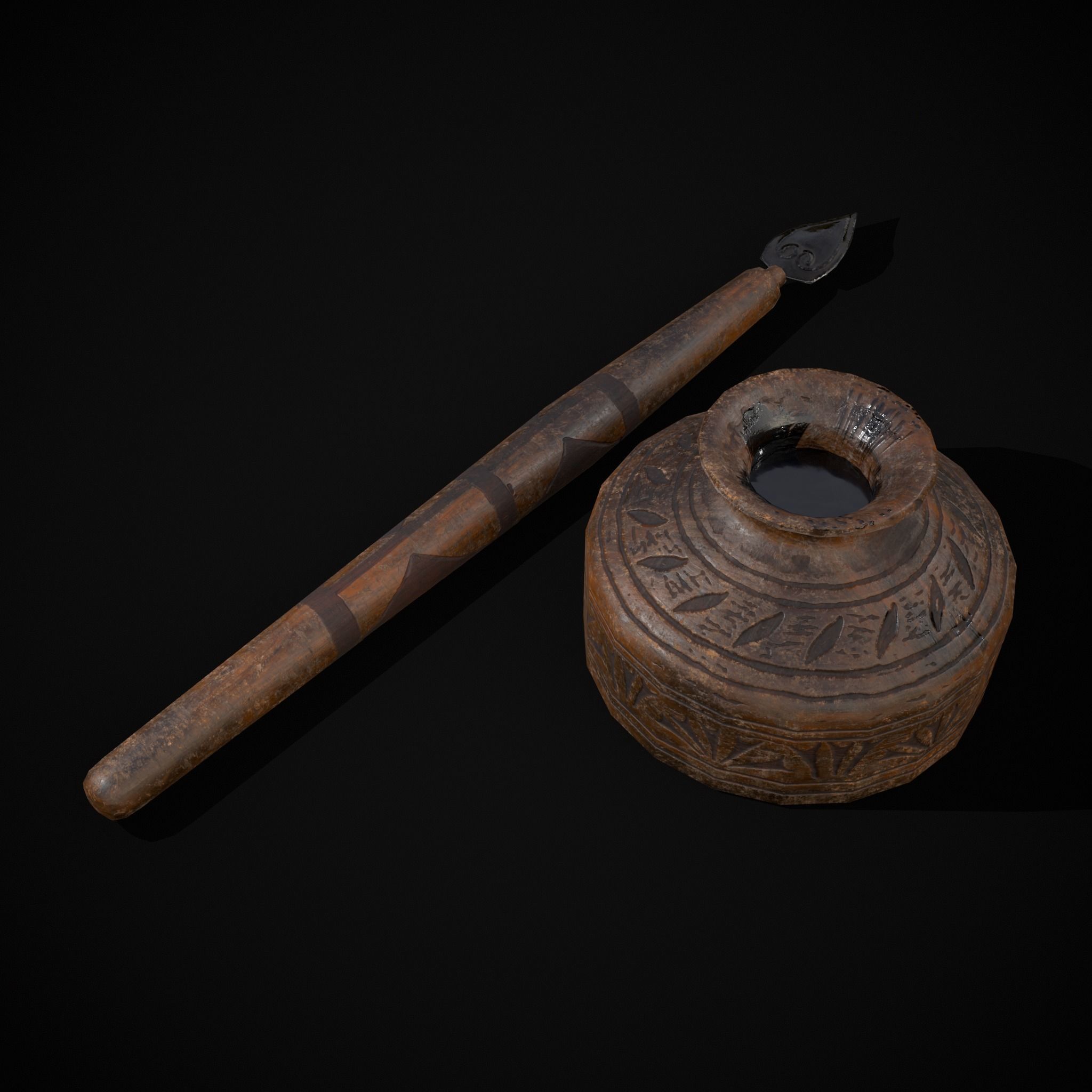 Elegant Wooden Inkpot Pen Low-poly 3D model_5
