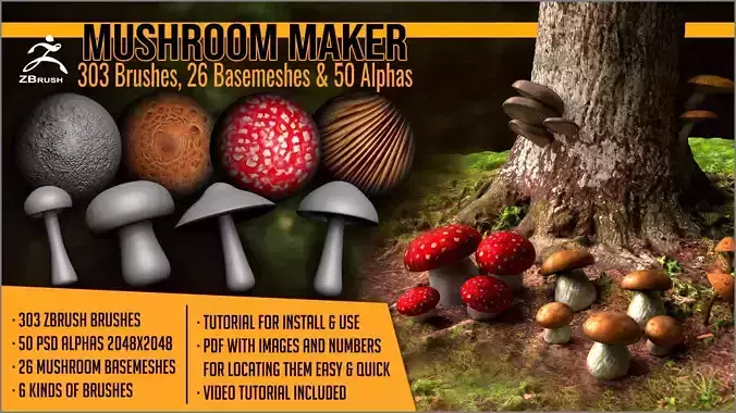 Mushroom Maker 303 ZBrush Brushes 26 Basemeshes and 50 Alphas