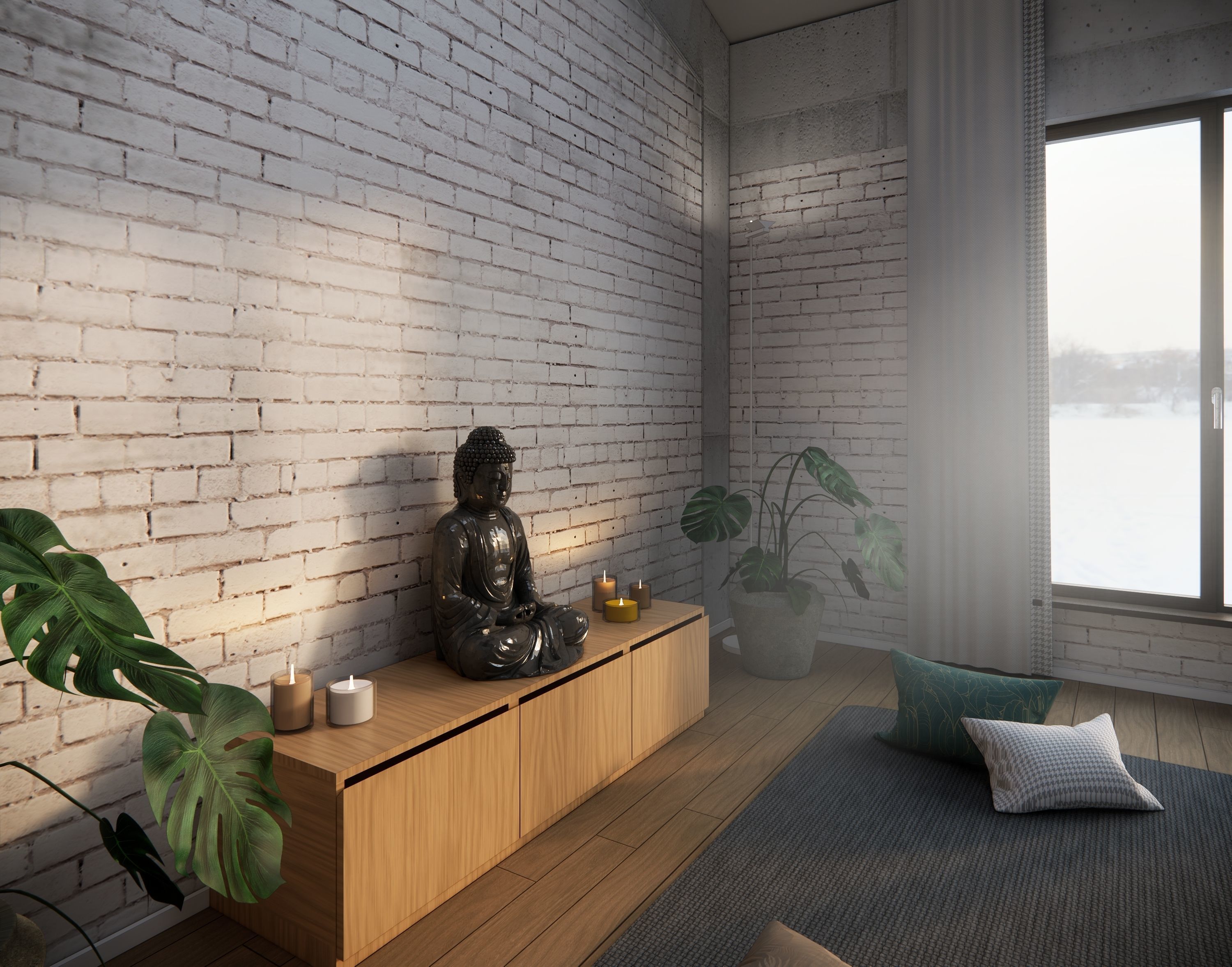 Meditation Room Interior Scene 3D model_6