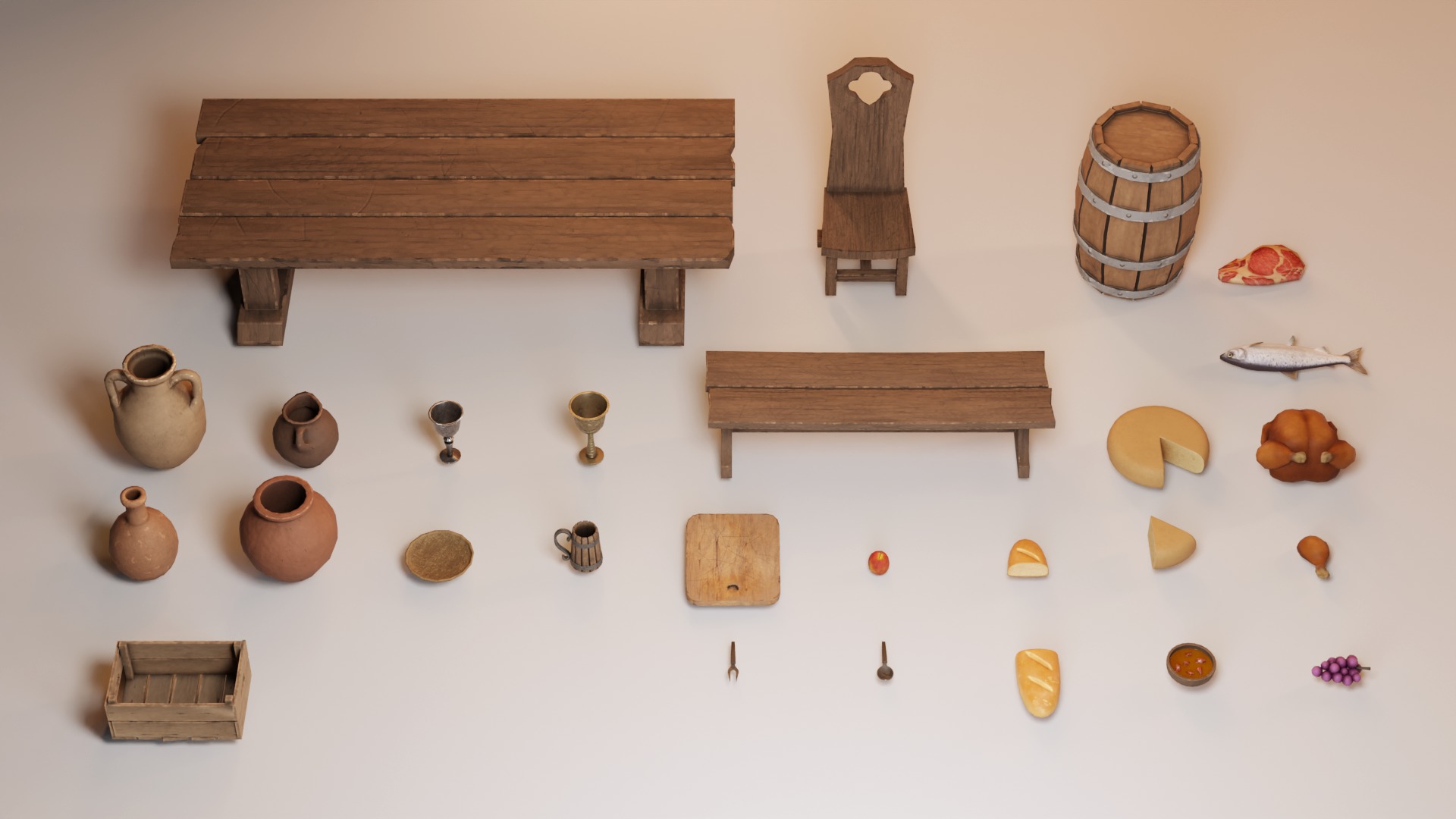 Medieval Props Laid Table - Pack Low-poly 3D model_9