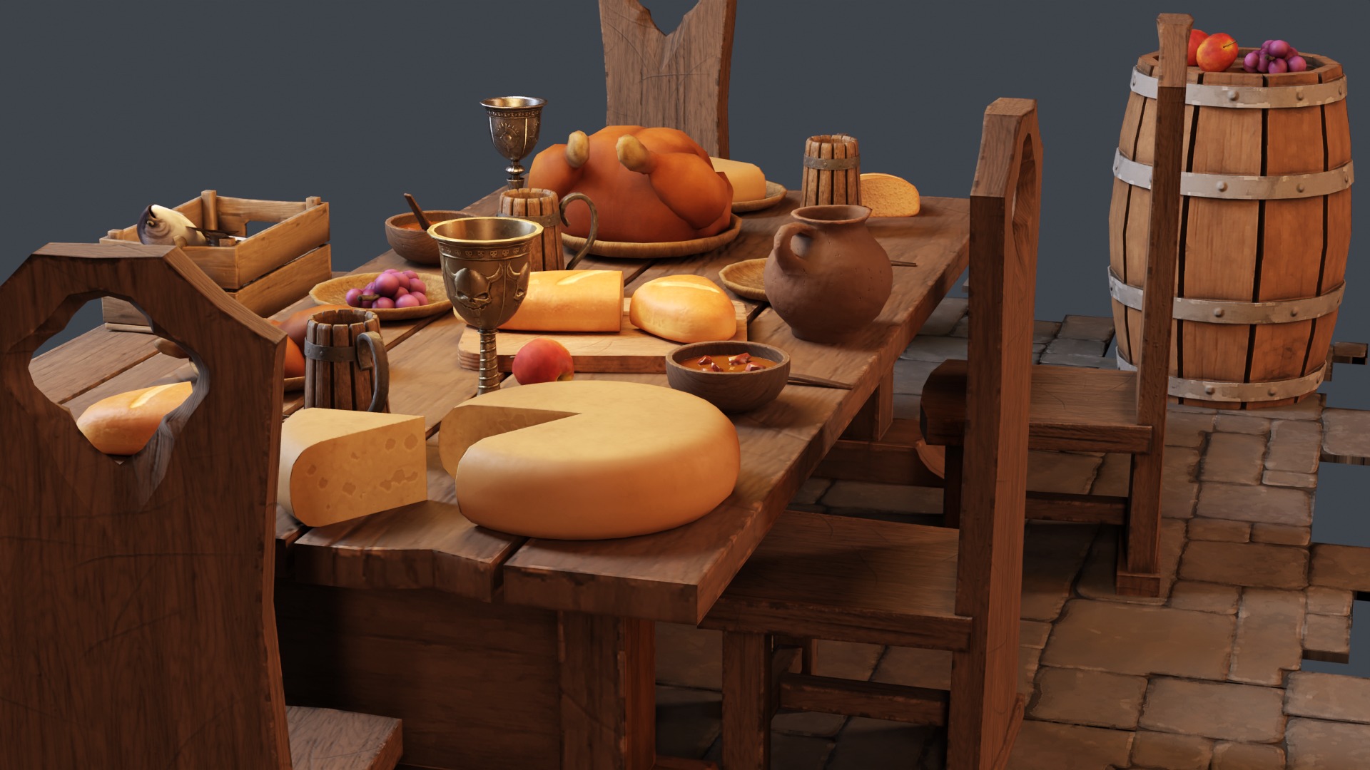 Medieval Props Laid Table - Pack Low-poly 3D model_5