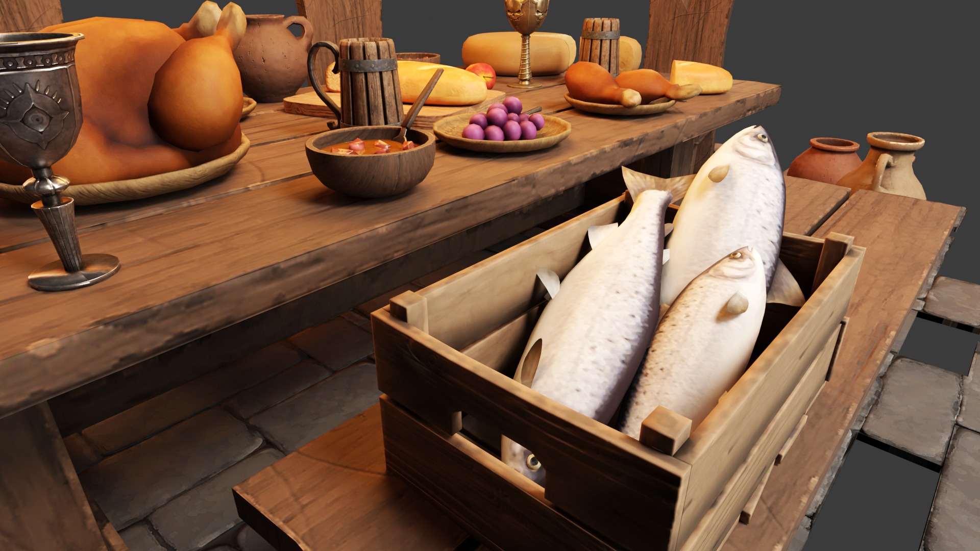 Medieval Props Laid Table - Pack Low-poly 3D model_7