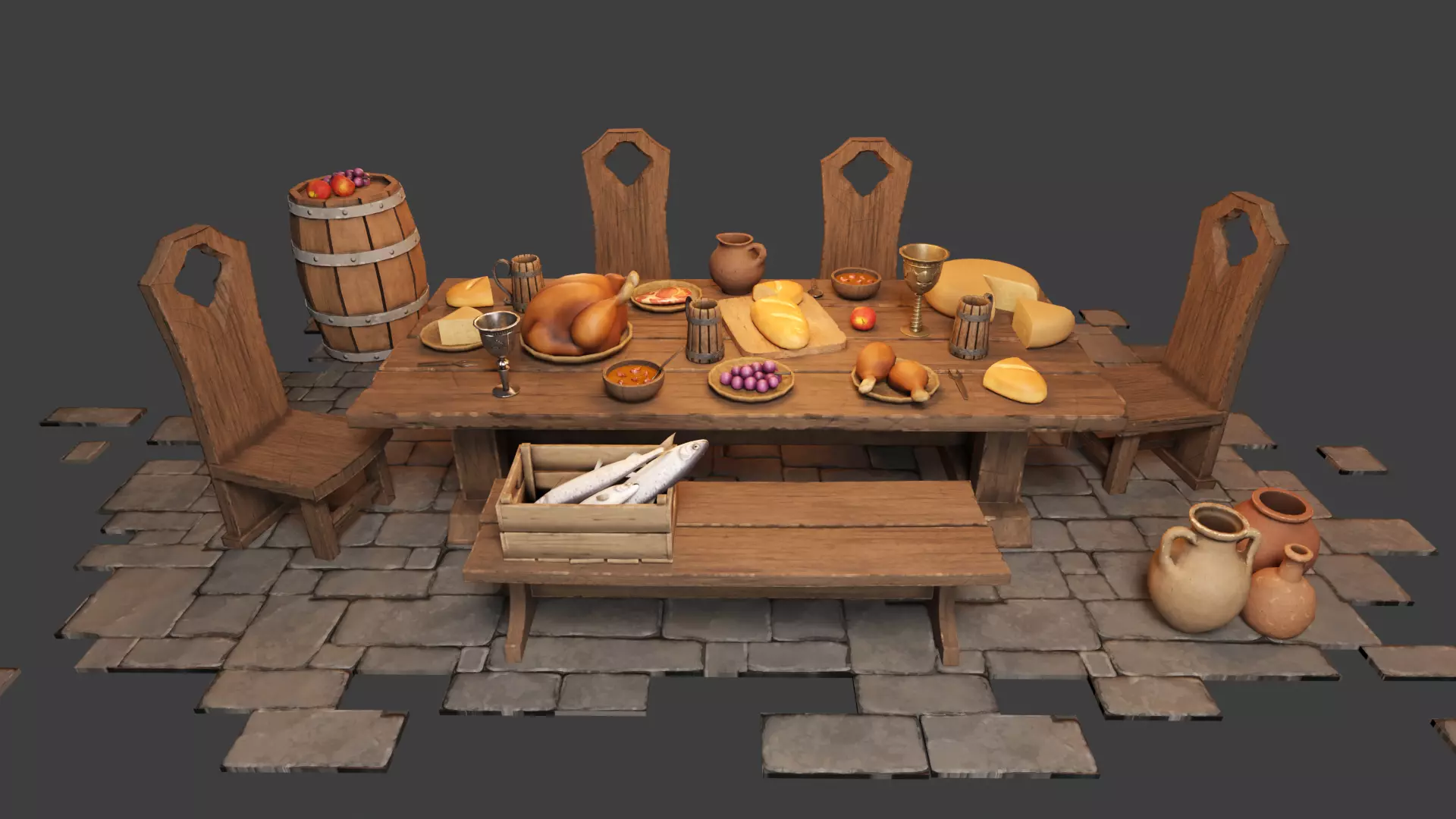 Medieval Props Laid Table - Pack Low-poly 3D model_0