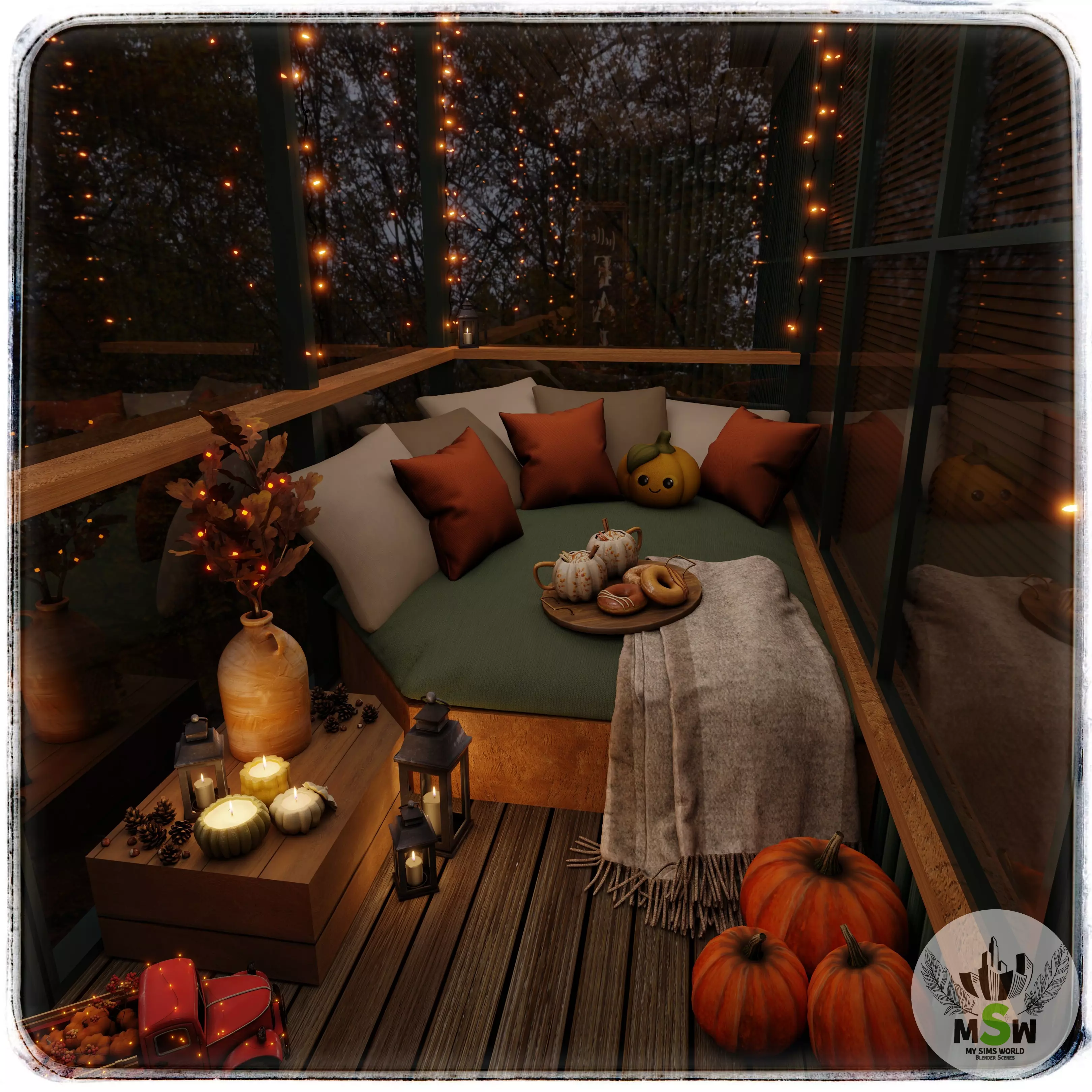 Autumn Balcony Blender Scene - EVENING 3D model_0