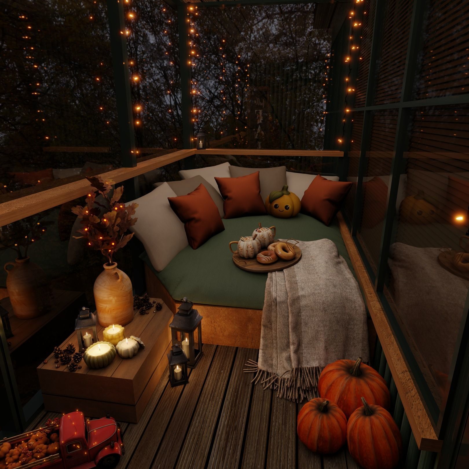 Autumn Balcony Blender Scene - EVENING 3D model_1