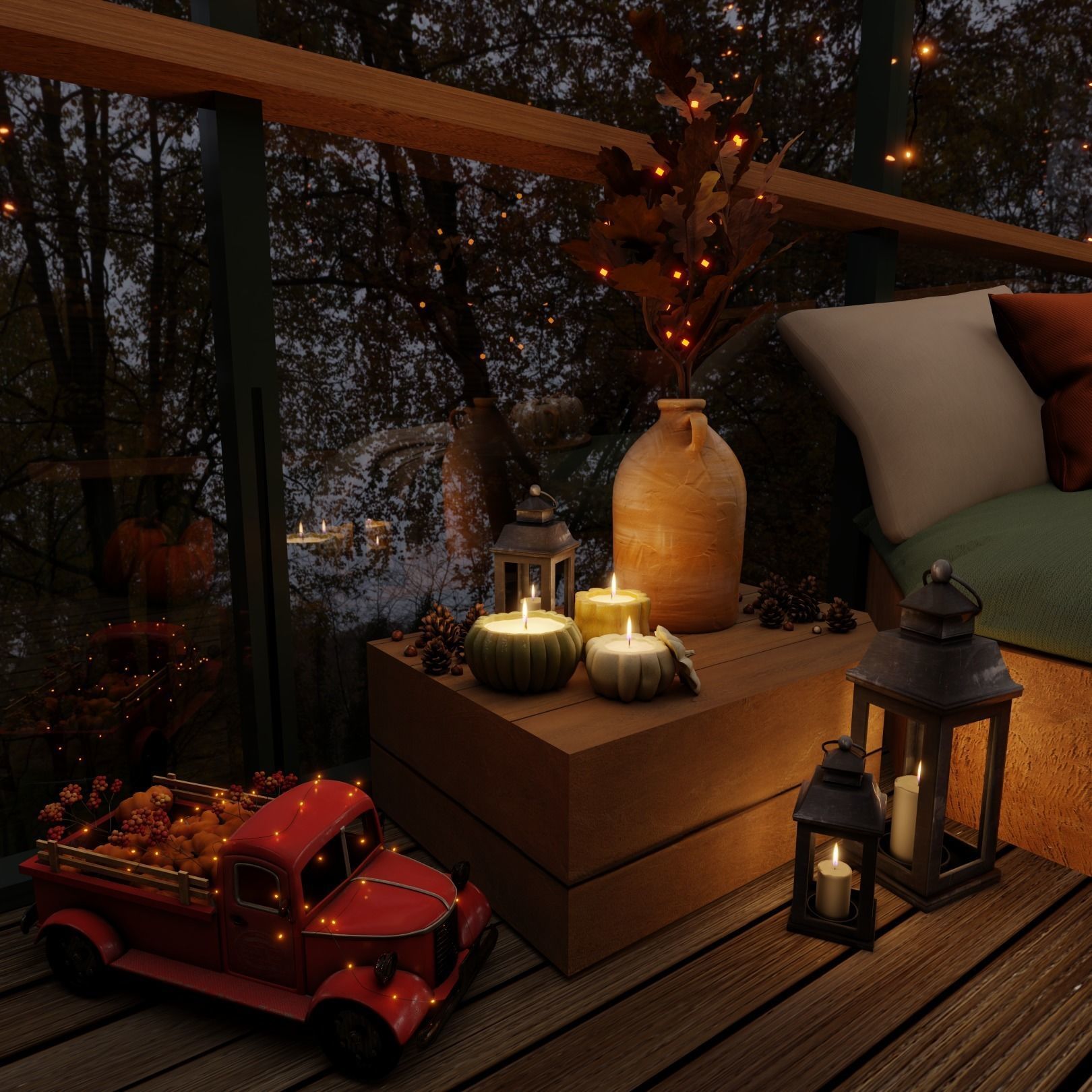 Autumn Balcony Blender Scene - EVENING 3D model_2