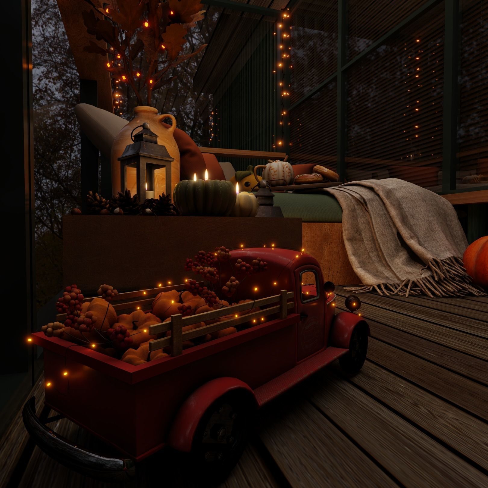 Autumn Balcony Blender Scene - EVENING 3D model_6