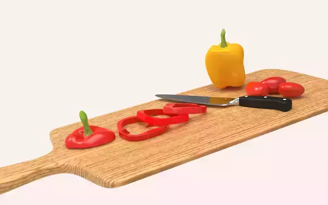Cutting Board with Chefs Knife and Vegetables Set Free 3D model