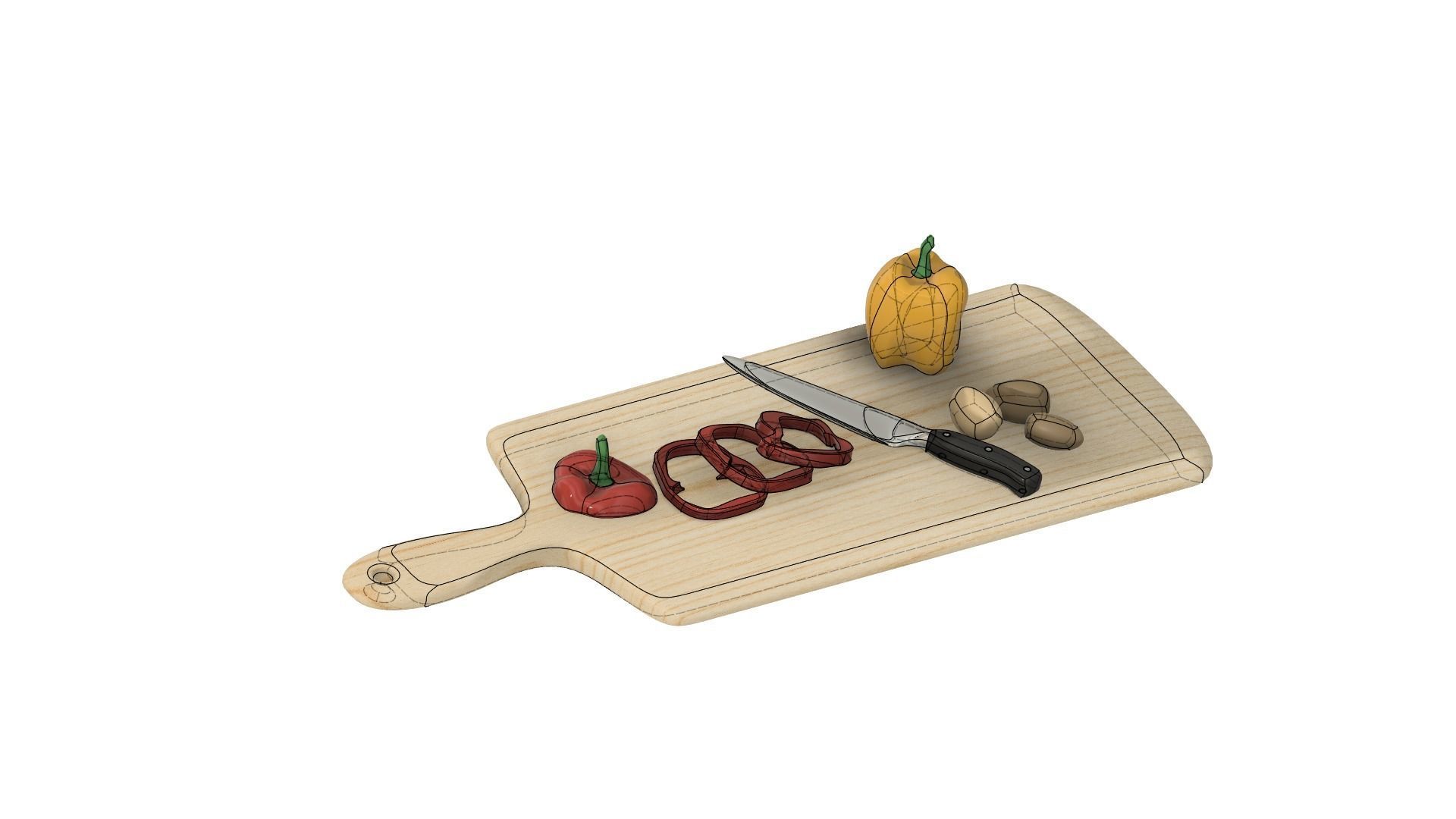 Cutting Board with Chefs Knife and Vegetables Set Free 3D model_3