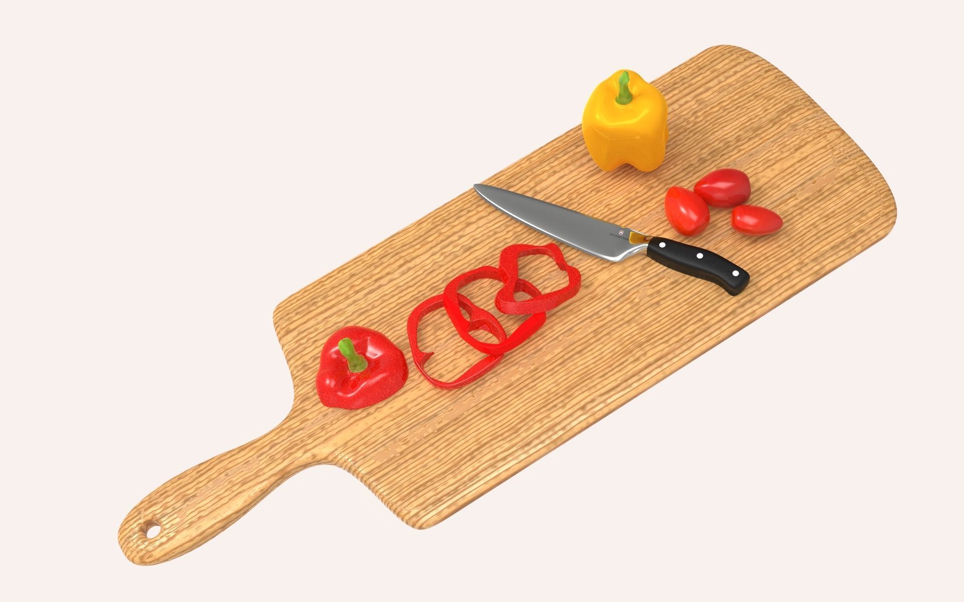 Cutting Board with Chefs Knife and Vegetables Set Free 3D model_1
