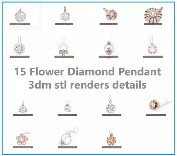 15 Flower Diamond Pendant 3dm stl renders details  3D Model Collection