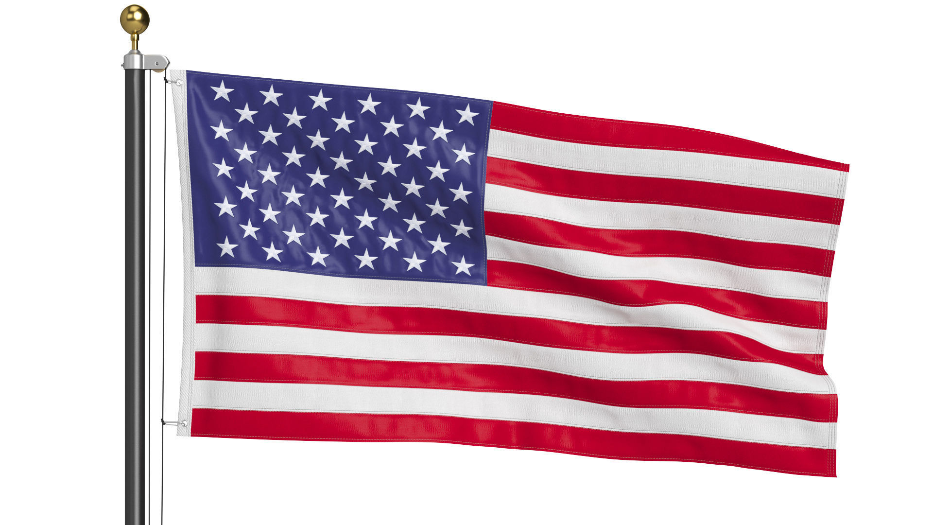 USA Flag on High Flagpole 3D model_3