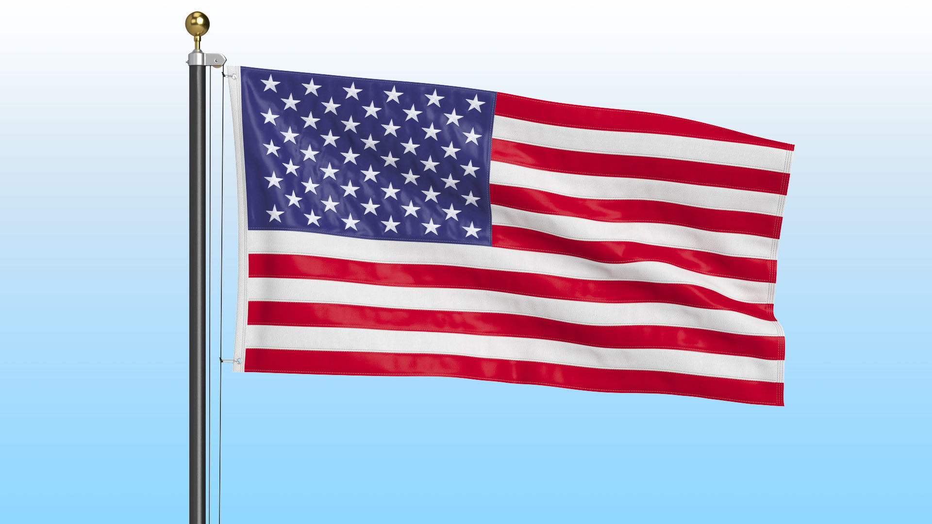 USA Flag on High Flagpole 3D model_1