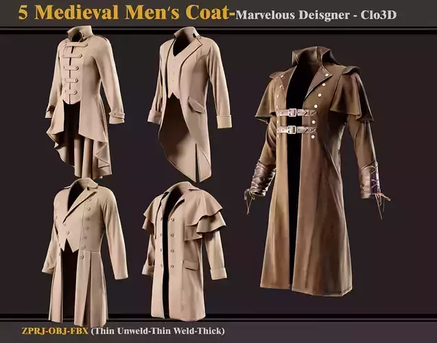 5 Medieval Men Coat-MD-Clo3D-ZPRJ - FBX - OBJ 3D model
