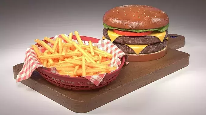 A Double Cheese Burger with Fries Low-poly 3D model 4