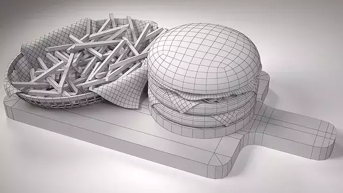 A Double Cheese Burger with Fries Low-poly 3D model 2