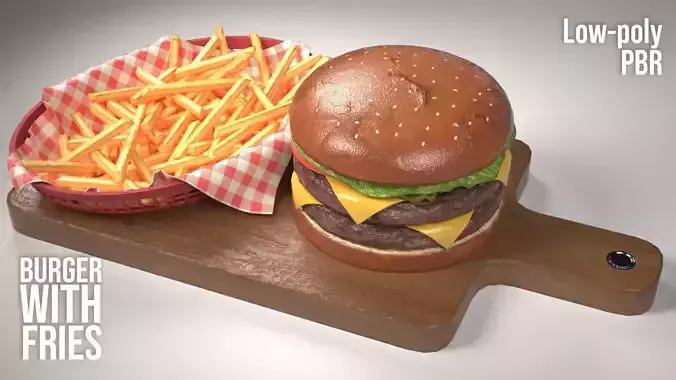 A Double Cheese Burger with Fries Low-poly 3D model