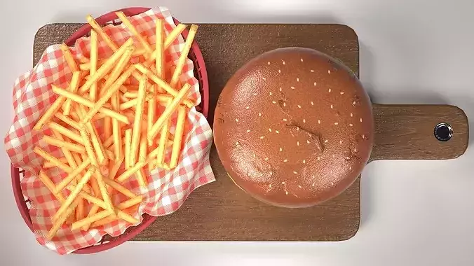 A Double Cheese Burger with Fries Low-poly 3D model 3