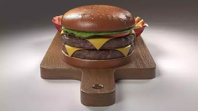 A Double Cheese Burger with Fries Low-poly 3D model 7
