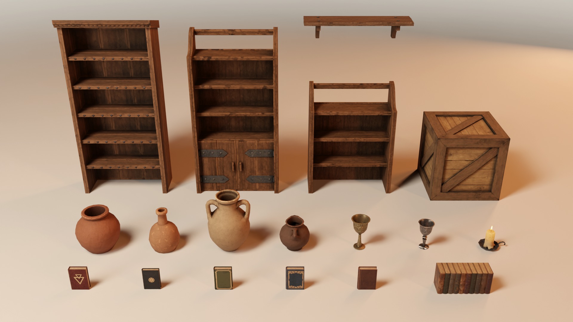 Medieval Props Bookcases - Pack Low-poly 3D model_11